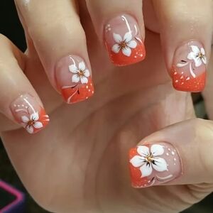🔥3/$21 Floral Orange Nail Art Press On Nails
